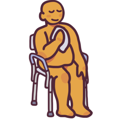 a person washing their chest, sitting on a pale shower chair